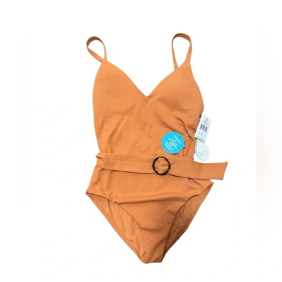 NWT WET Athena One Piece V Neck belted Swimsuit Scoop Back In Terracotta Small - Picture 3 of 5